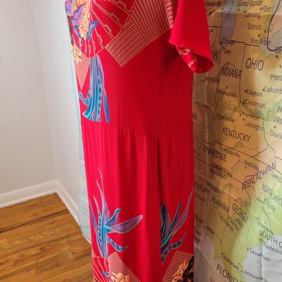 Lizzy & Johnny Silk Dress Red With Floral Asian Print Side Slit Slit Sleeves - Picture 3 of 16